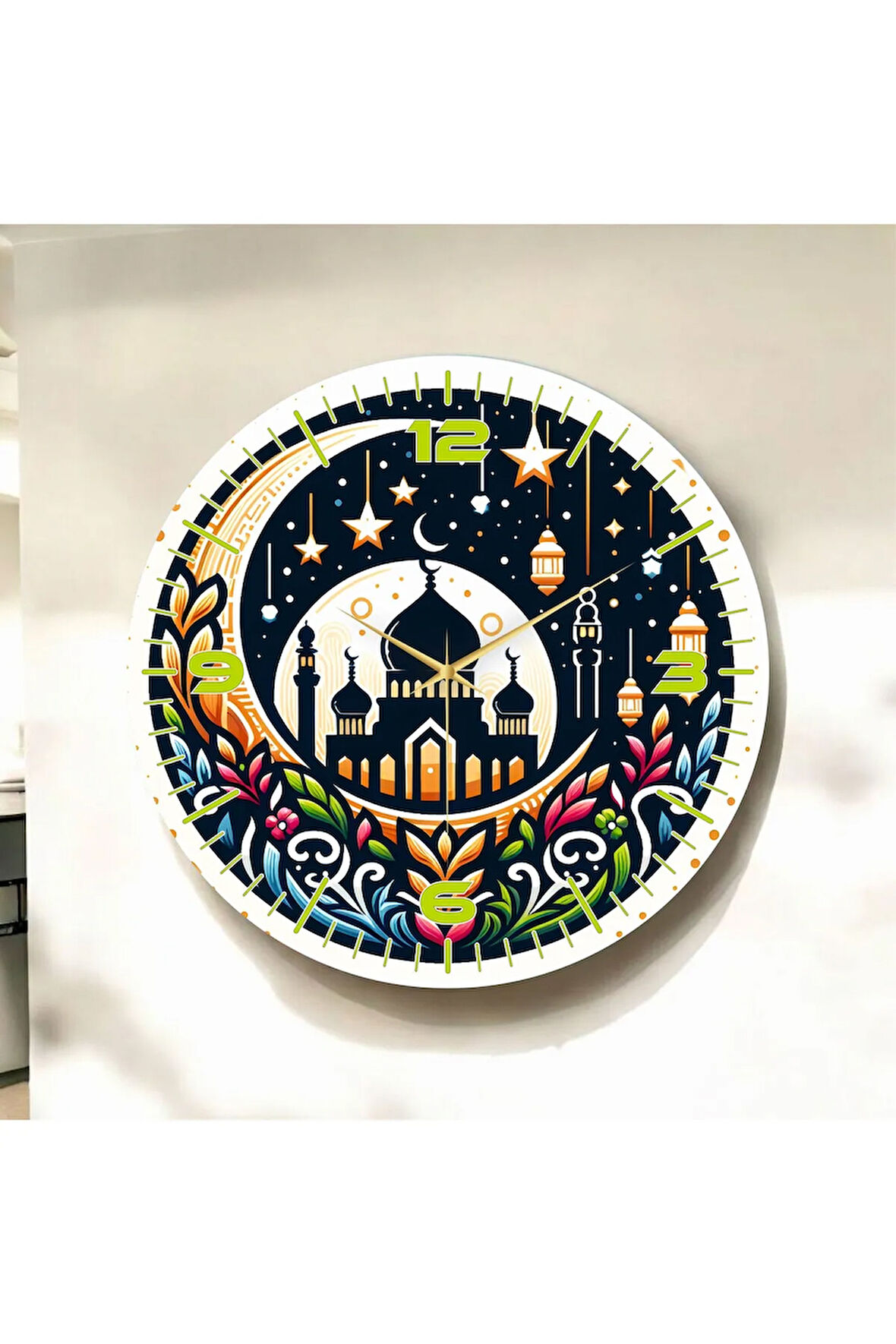 Renkli Baskı Dini Desenli Sayılı Hediyelik Ahşap Sessiz Duvar Saati 50cm