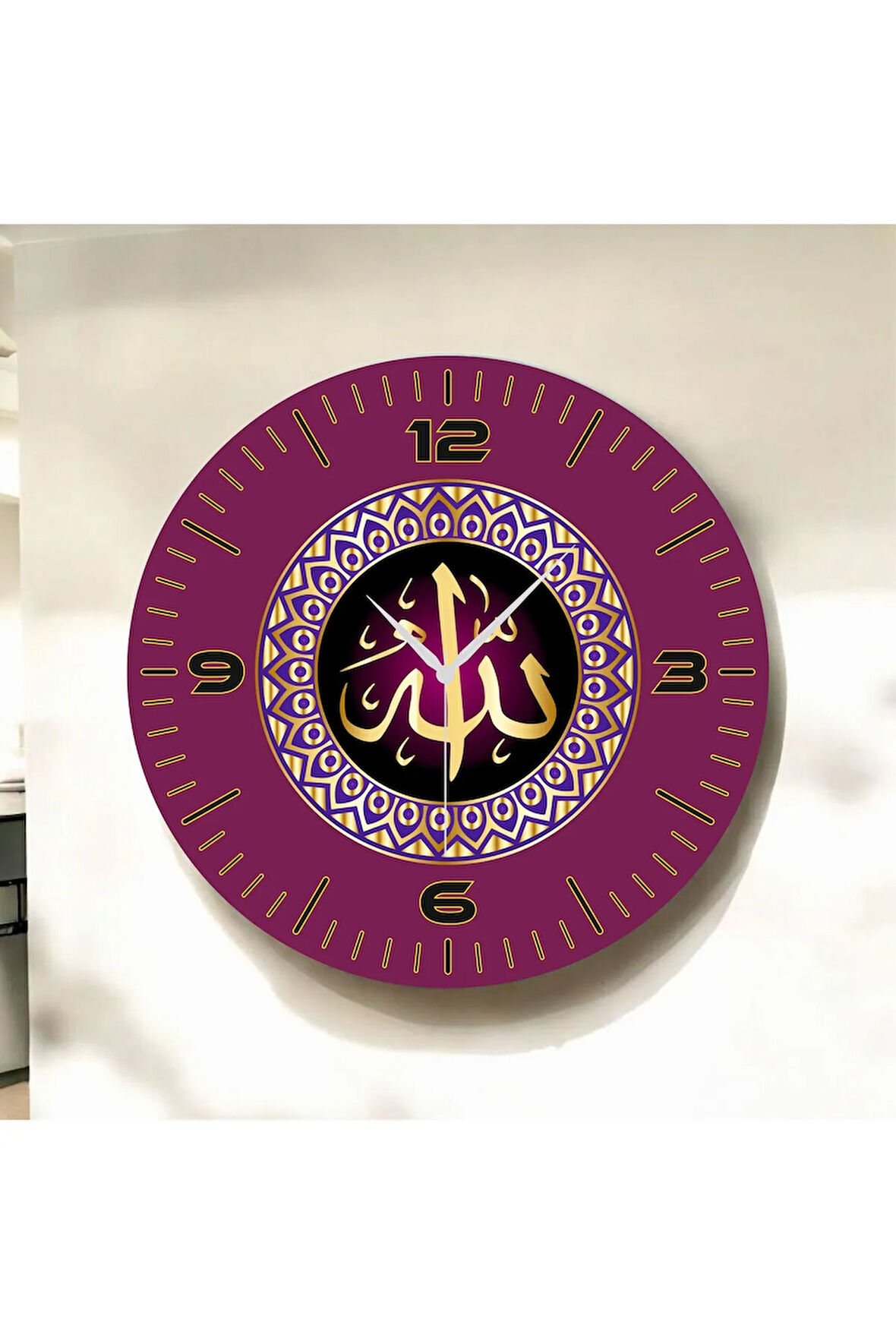 Renkli Baskı Dini Desenli Sayılı Hediyelik Ahşap Sessiz Duvar Saati 50cm