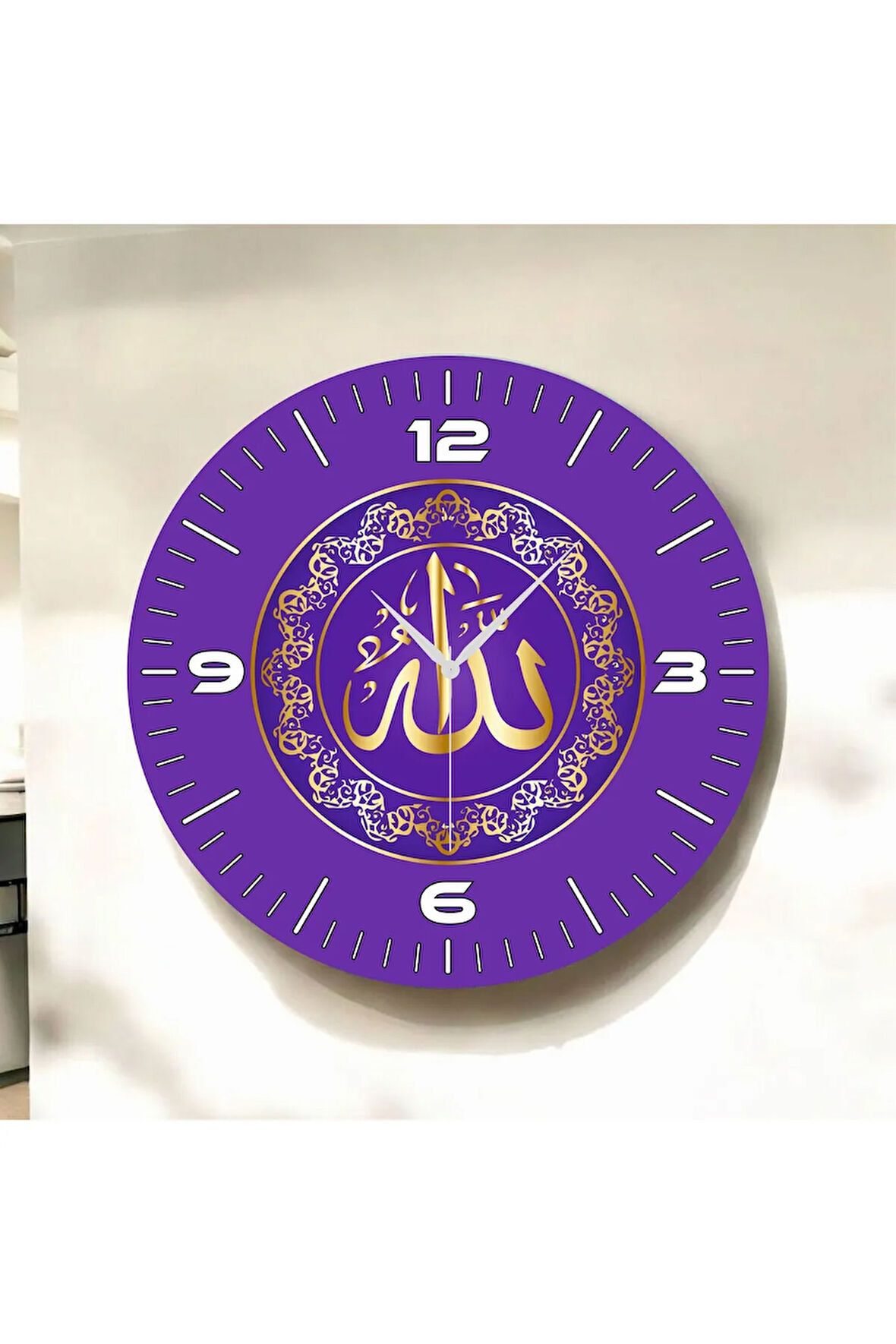 Renkli Baskı Dini Desenli Sayılı Hediyelik Ahşap Sessiz Duvar Saati 50cm