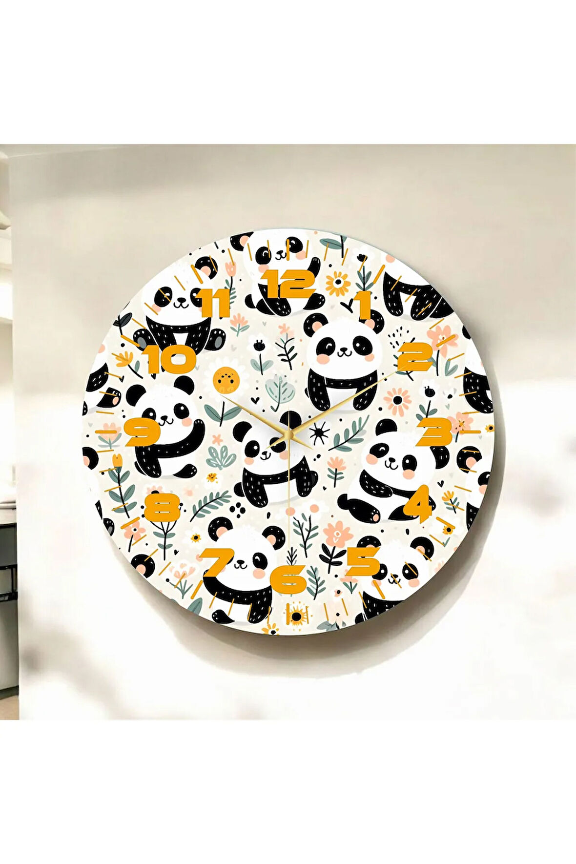 Renkli Baskı Panda Çocuk Desenli Sayılı Hediyelik Ahşap Sessiz Duvar Saati 50cm