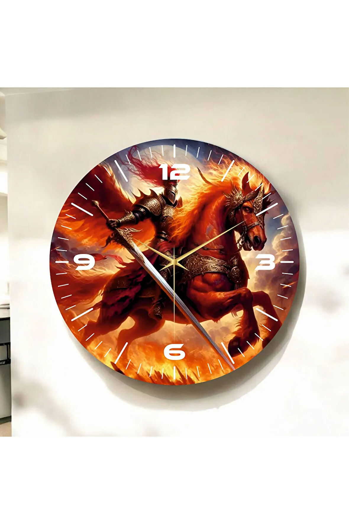 Renkli Baskı At Savaşcı Desenli Sayılı Hediyelik Ahşap Sessiz Duvar Saati 50cm