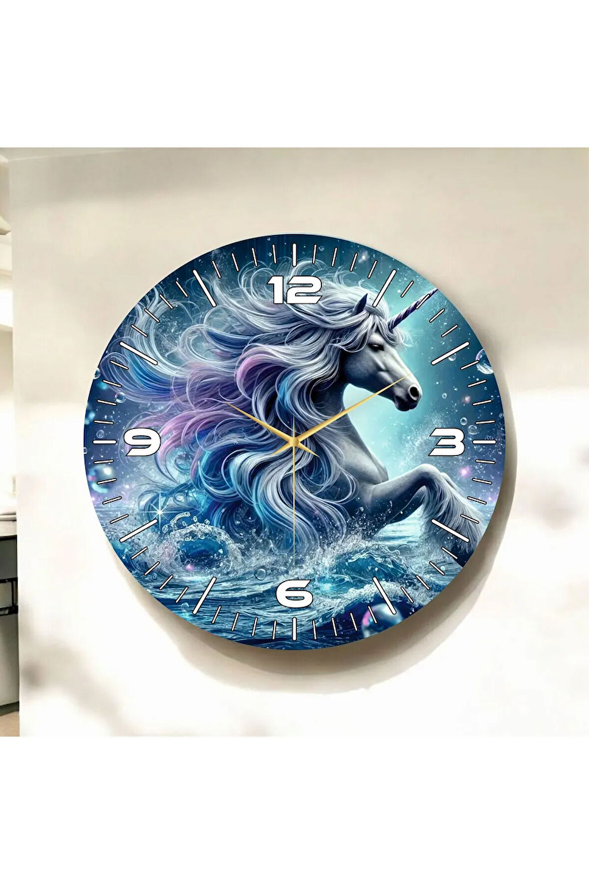 Renkli Baskı At Çocuk Desenli Sayılı Hediyelik Ahşap Sessiz Duvar Saati 50cm