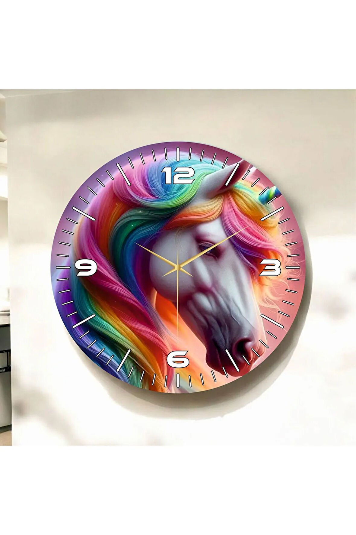 Renkli Baskı At Desenli Sayılı Hediyelik Ahşap Sessiz Duvar Saati 50cm