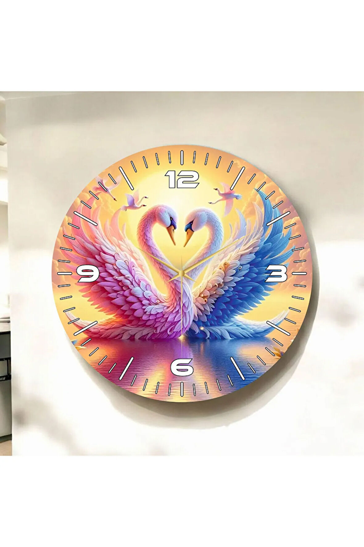 Renkli Baskı Kuğu Aşk Desenli Sayılı Hediyelik Ahşap Sessiz Duvar Saati 50cm