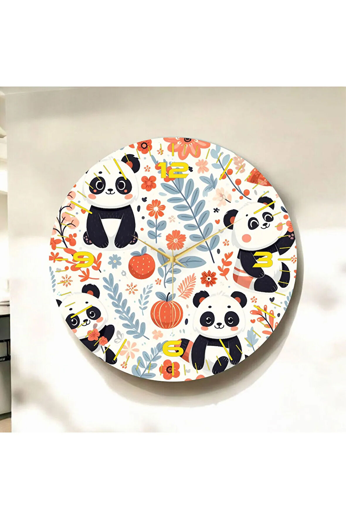 Renkli Baskı Panda Desenli Sayılı Hediyelik Ahşap Sessiz Duvar Saati 50cm