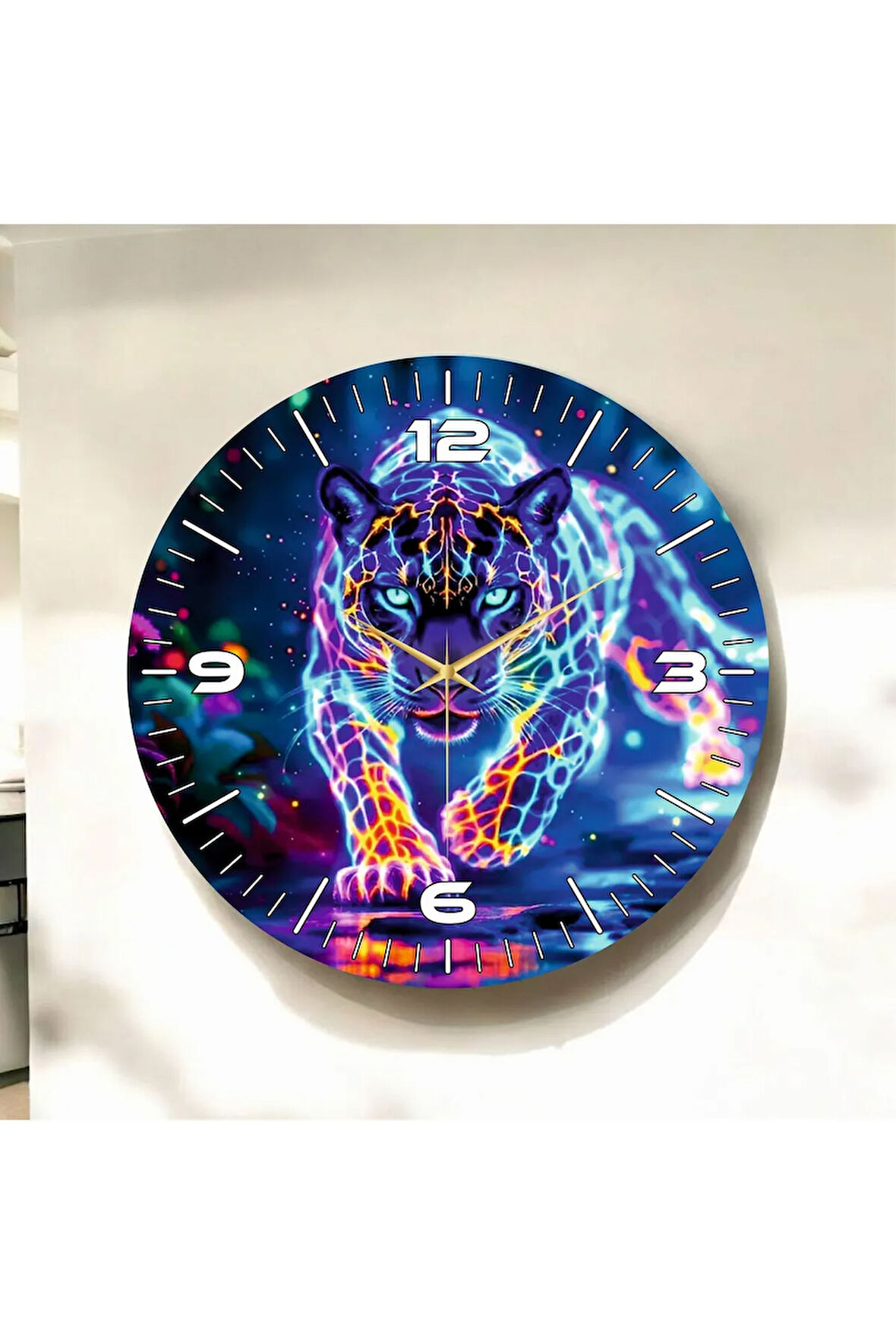 Renkli Baskı Leopar Desenli Sayılı Hediyelik Ahşap Sessiz Duvar Saati 50cm