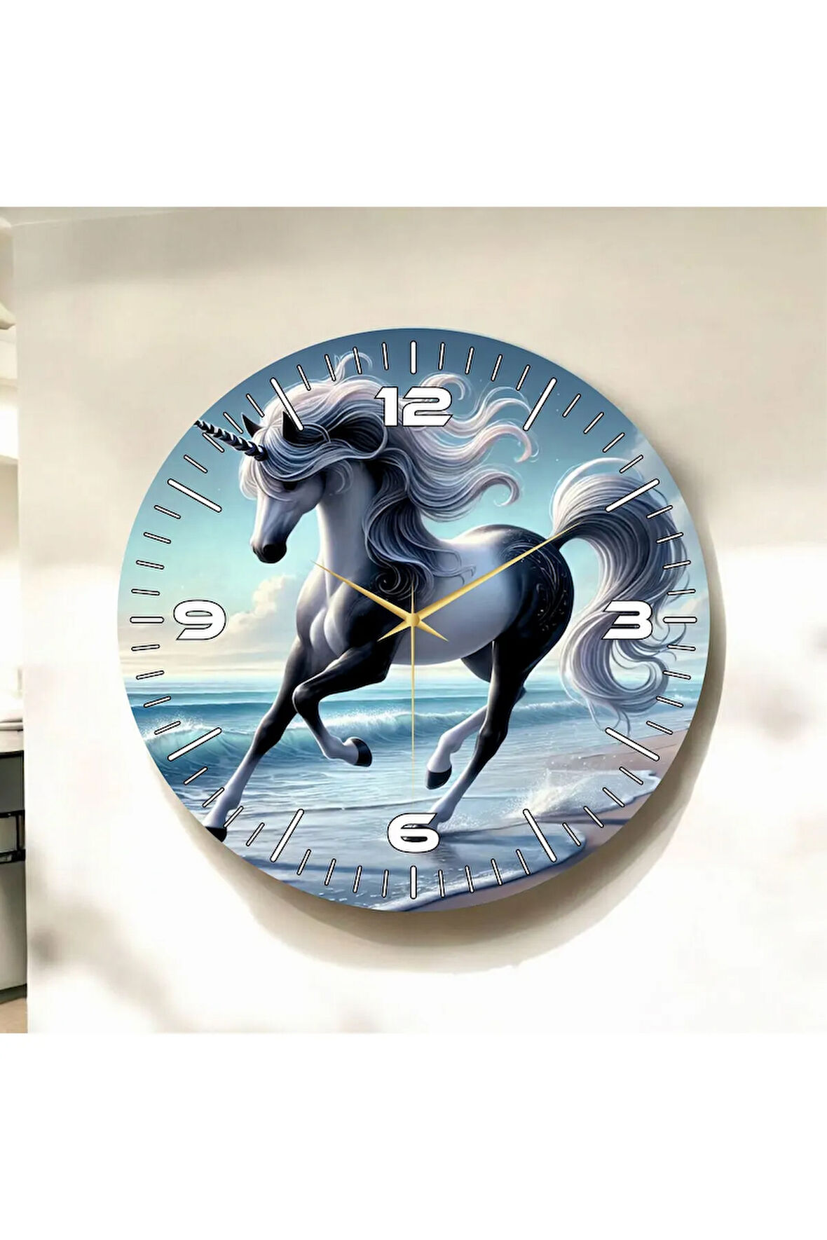 Renkli Baskı At Desenli Sayılı Hediyelik Ahşap Sessiz Duvar Saati 50cm