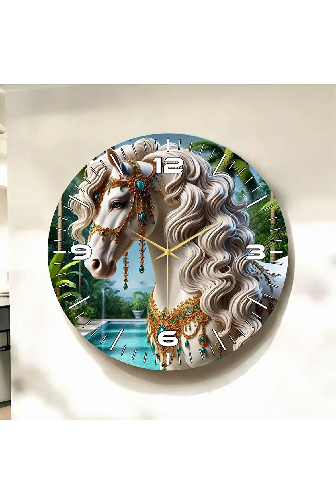 Renkli Baskı At Desenli Sayılı Hediyelik Ahşap Sessiz Duvar Saati 50cm