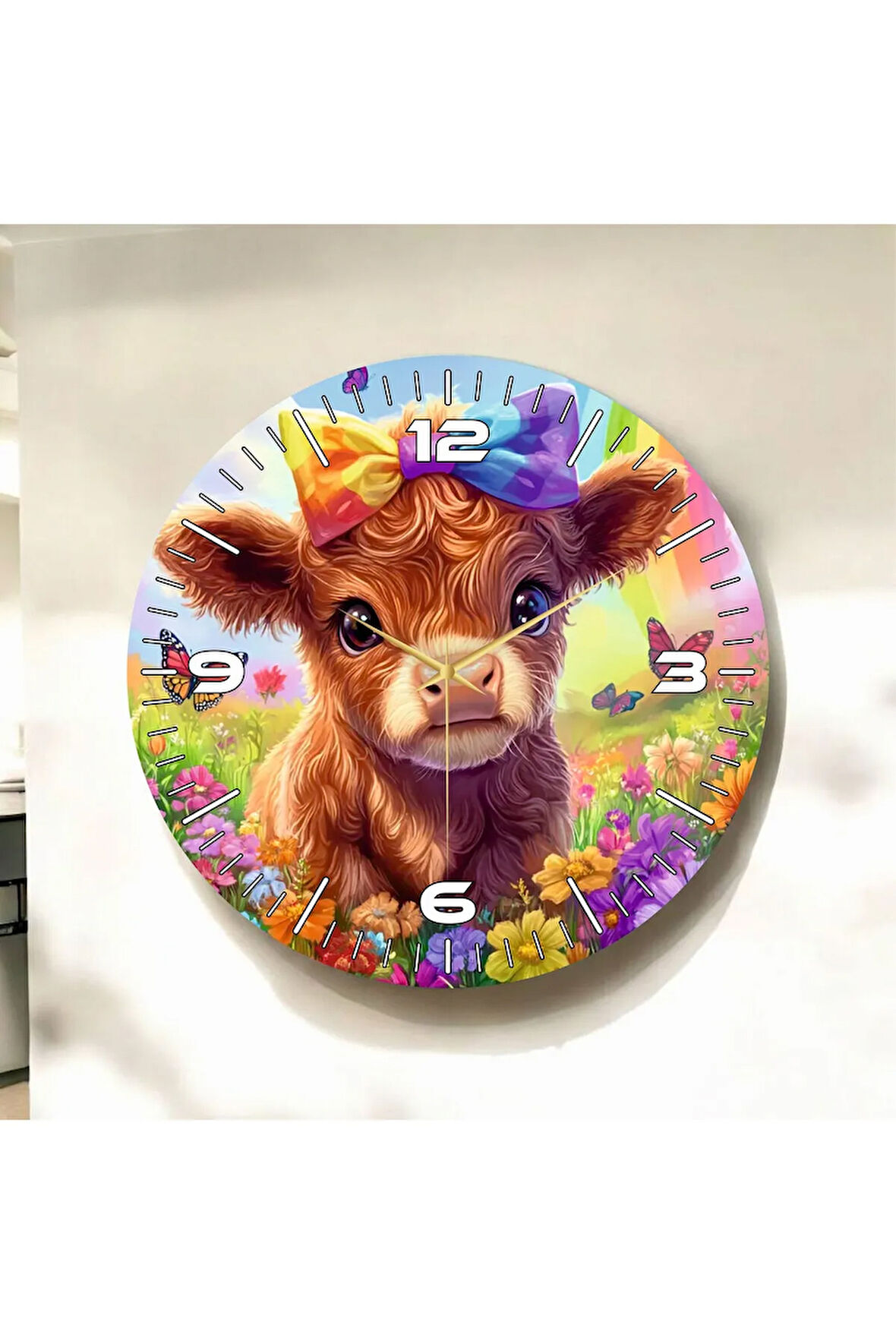 Renkli Baskı İnek Çocuk Desenli Sayılı Hediyelik Ahşap Sessiz Duvar Saati 50cm