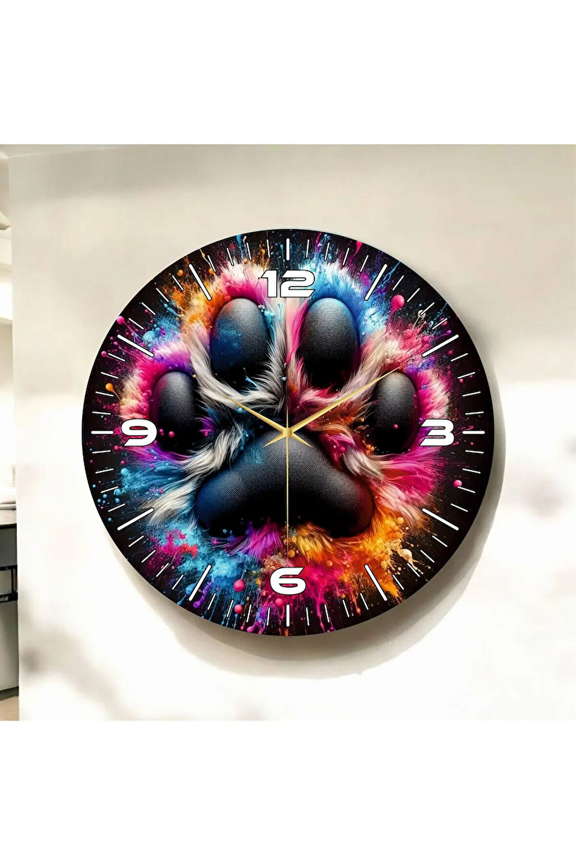 Renkli Baskı Kedi Pati Çocuk Desenli Sayılı Hediyelik Ahşap Sessiz Duvar Saati 50cm