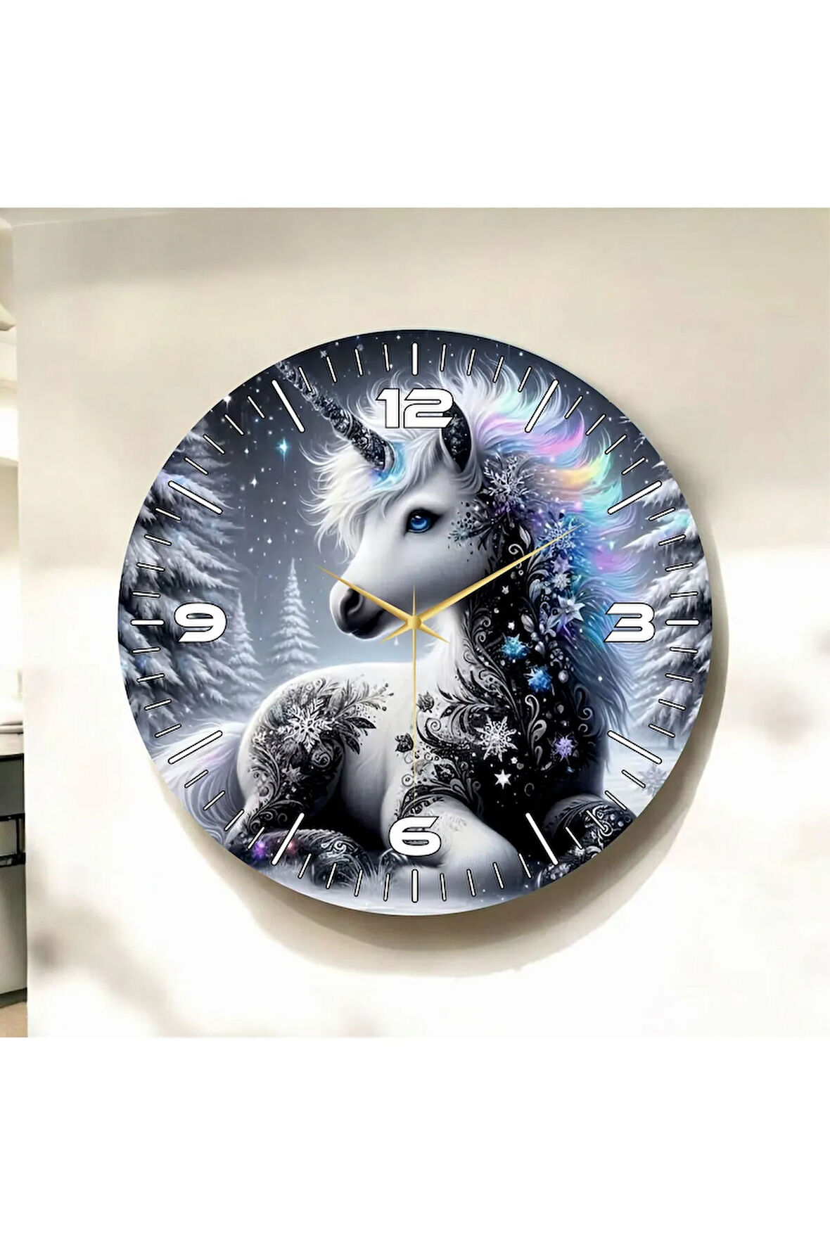 Unicorn Tek Boynuzlu At Renkli Baskı Desenli Sayılı Hediyelik Ahşap Sessiz Duvar Saati 50cm