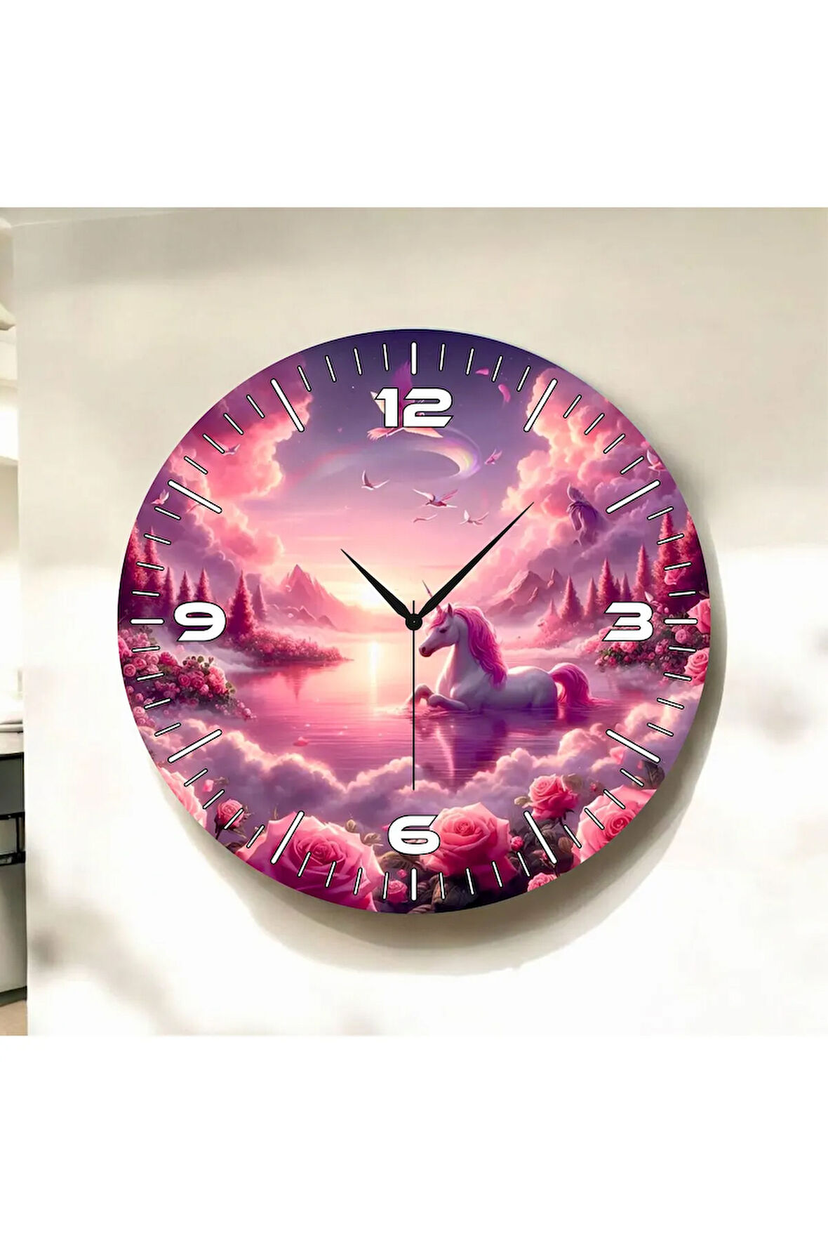 Renkli Baskı Desenli Sayılı Hediyelik Ahşap Sessiz Duvar Saati 50cm