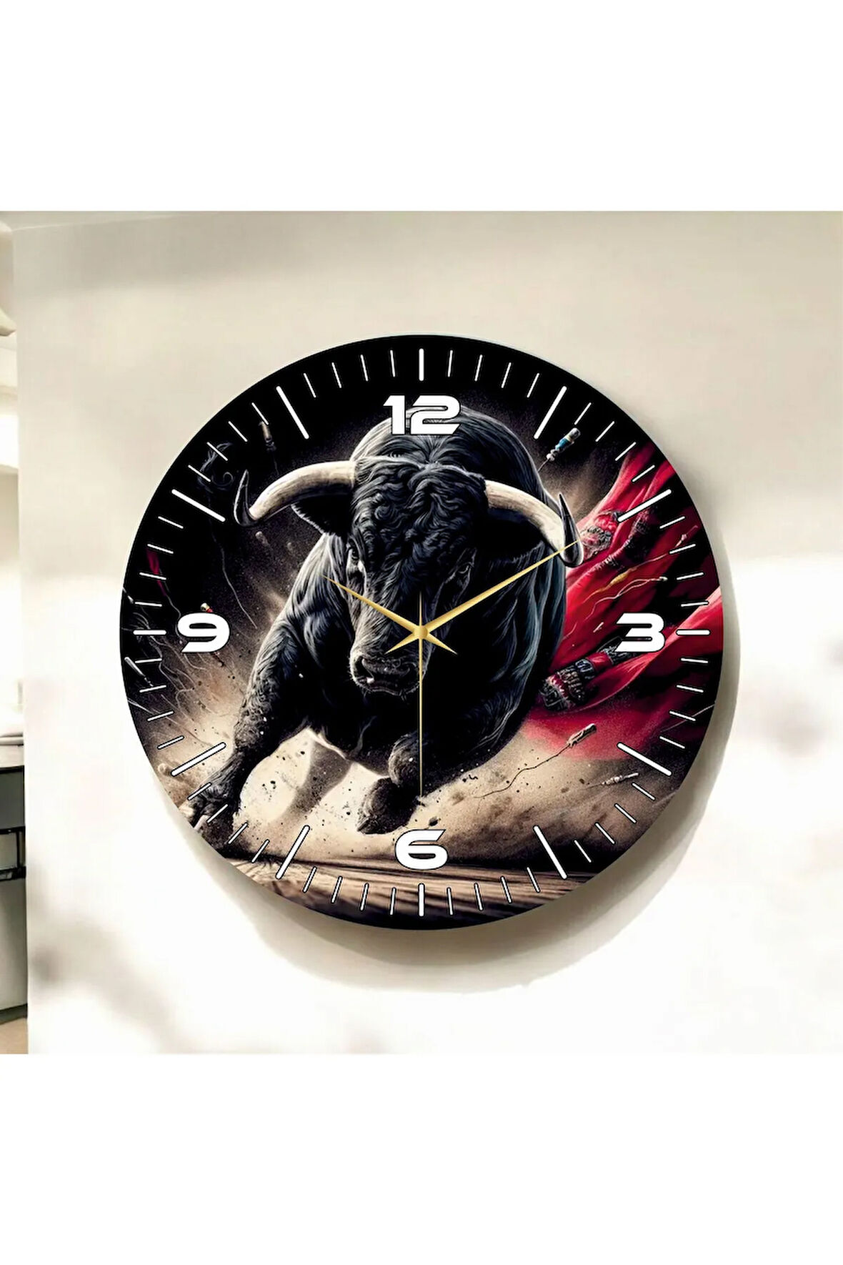 Boğa Hayvanlı Siyah Renkli Baskı Desenli Sayılı Hediyelik Ahşap Sessiz Duvar Saati 50cm