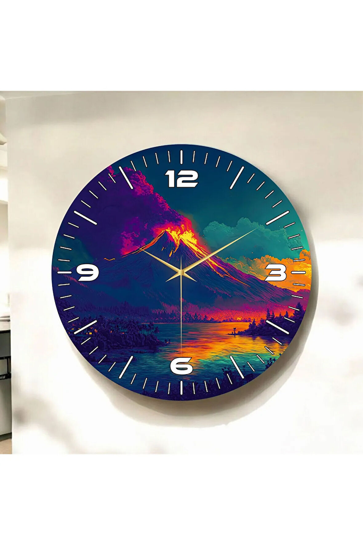 Yanardağ Renkli Baskı Desenli Sayılı Hediyelik Ahşap Sessiz Duvar Saati 50cm