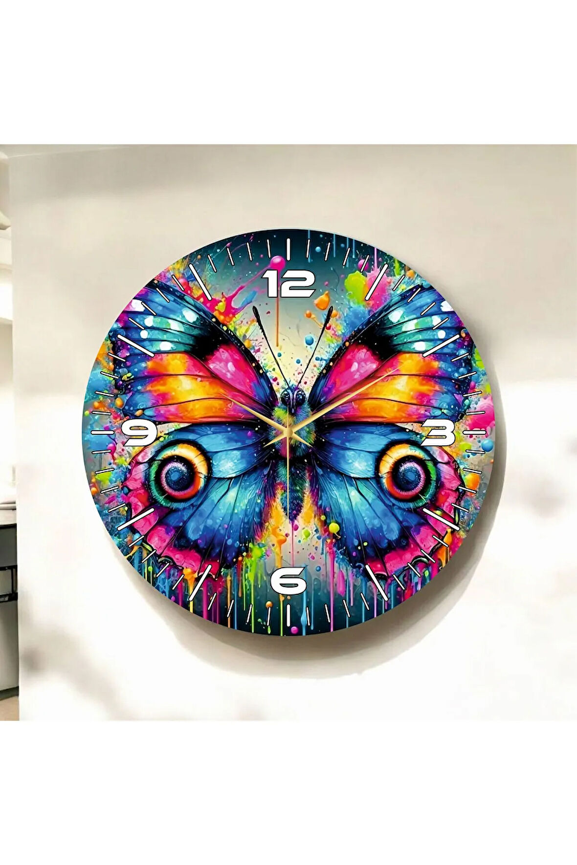 Kelebek Hayvan Renkli Baskı Desenli Sayılı Hediyelik Ahşap Sessiz Duvar Saati 50cm