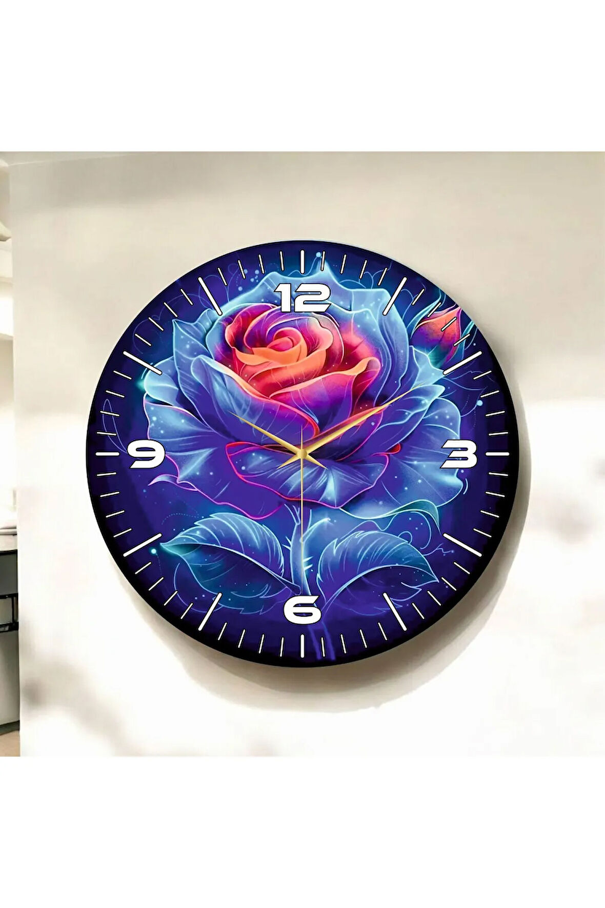 Çiçek Gül Renkli Baskı Desenli Sayılı Hediyelik Ahşap Sessiz Duvar Saati 50cm