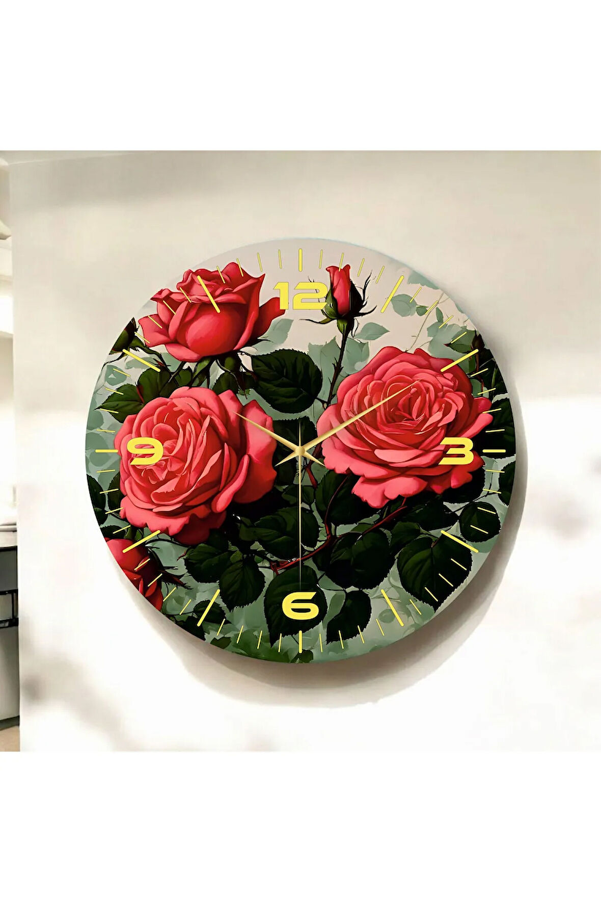 Renkli Baskı Gül Çiçek Desenli Sayılı Hediyelik Ahşap Sessiz Duvar Saati 50cm