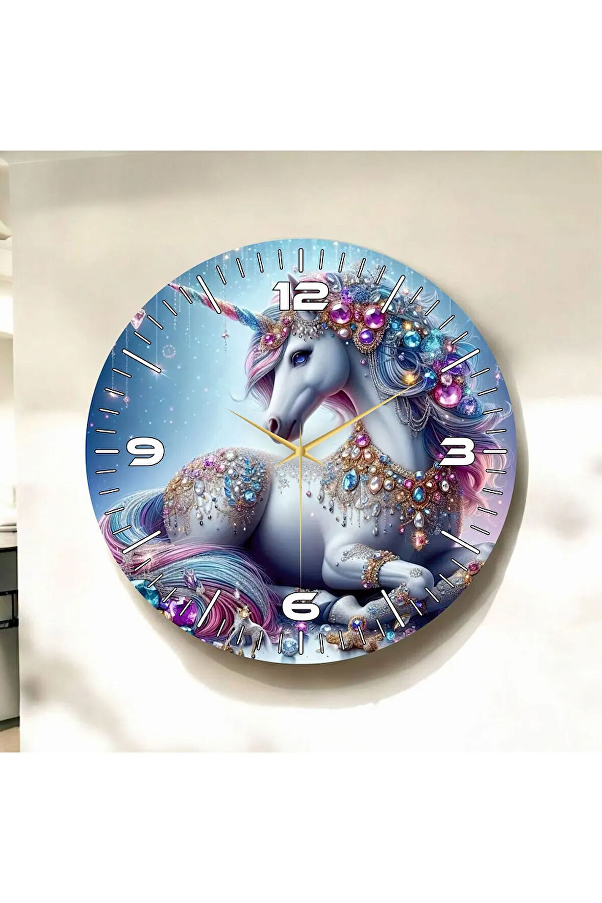 Tek Boynuzlu At Renkli Baskı Unicorn Hayvan Desenli Sayılı Hediyelik Ahşap Sessiz Duvar Saati 50cm