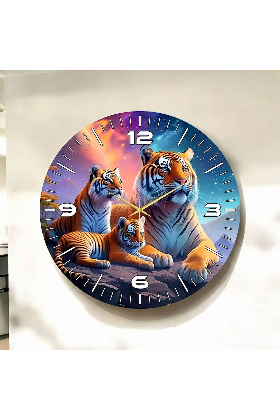 Kaplan Temalı Renkli Baskı Hayvan Desenli Sayılı Hediyelik Ahşap Sessiz Duvar Saati 50cm