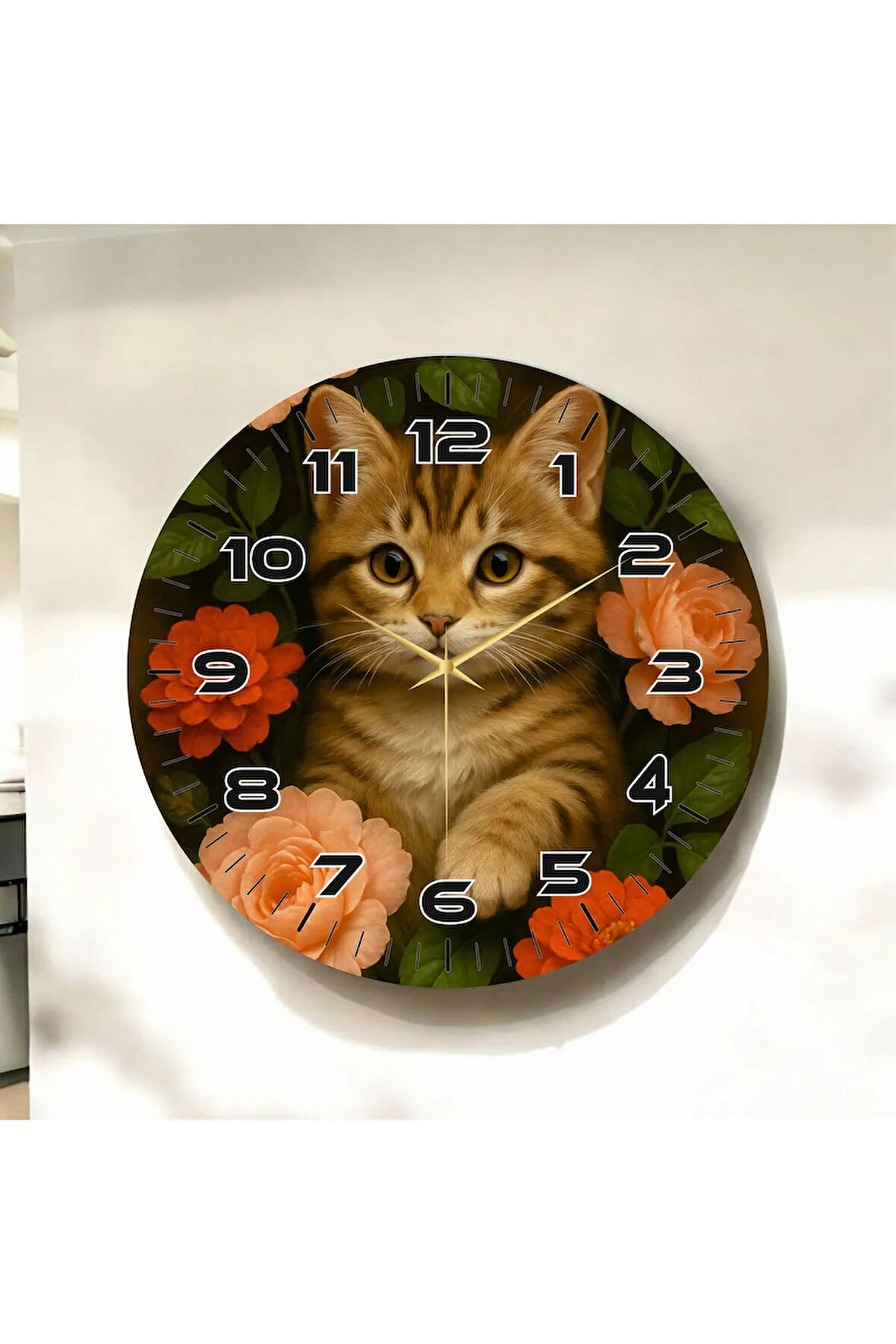 Renkli Baskı Kedi Çiçek Desenli Sayılı Hediyelik Ahşap Sessiz Duvar Saati 50cm