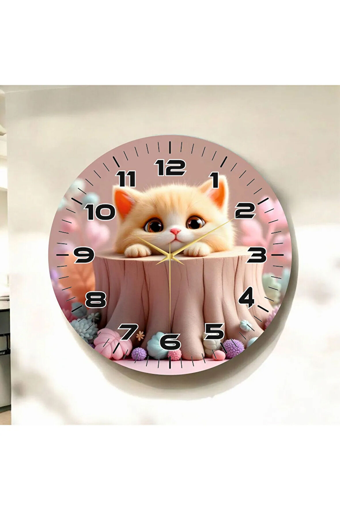 Renkli Baskı Kedi Çocuk Desenli Sayılı Hediyelik Ahşap Sessiz Duvar Saati 50cm