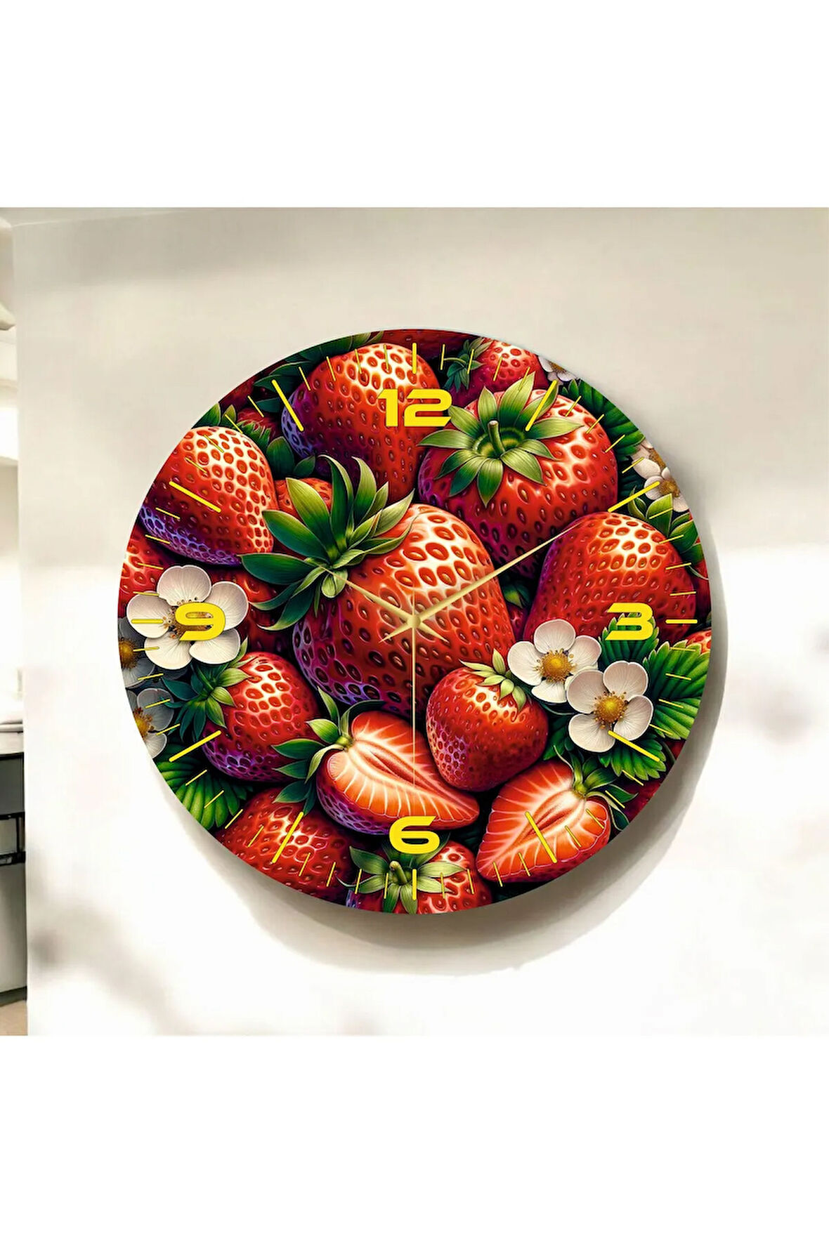Renkli Baskı Çilek Meyve Desenli Sayılı Hediyelik Ahşap Sessiz Duvar Saati 50cm