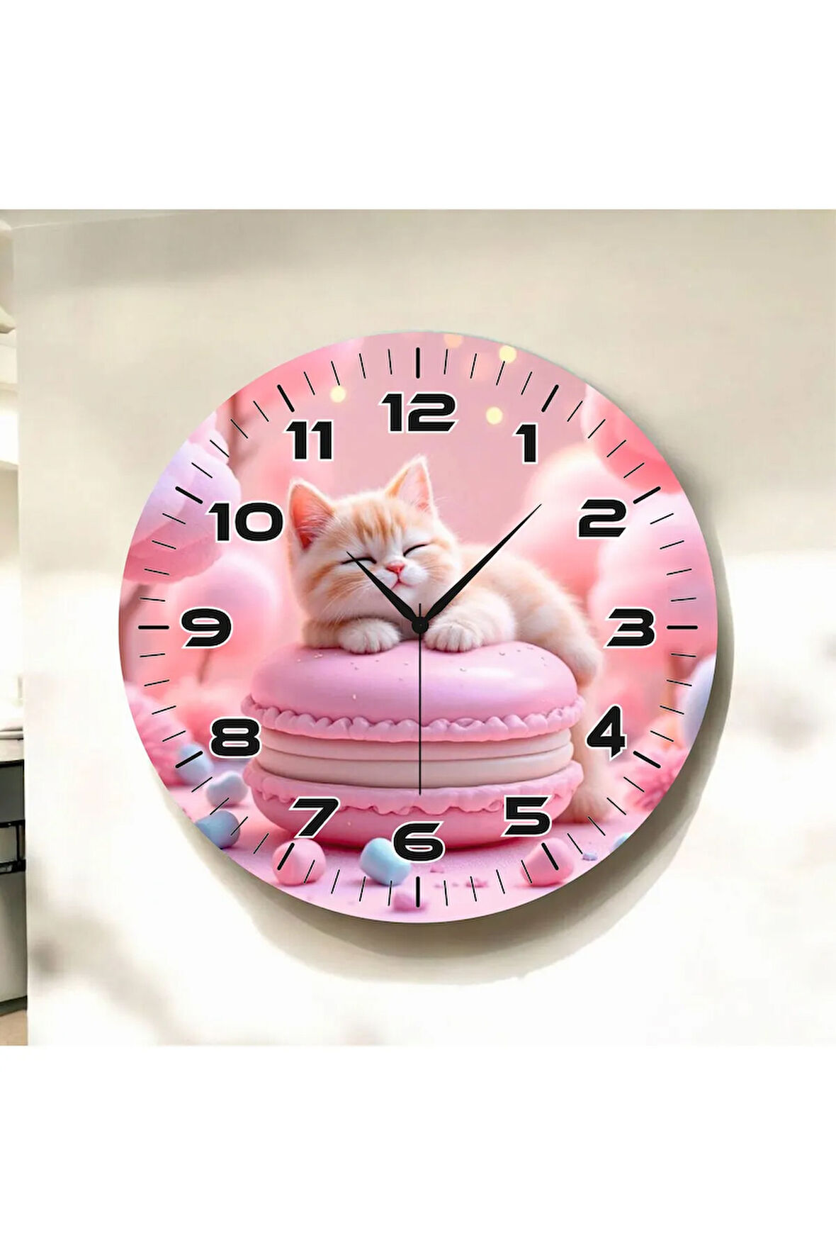 Pembe Kedi Renkli Baskı Hayvan Desenli Sayılı Hediyelik Ahşap Sessiz Duvar Saati 50cm