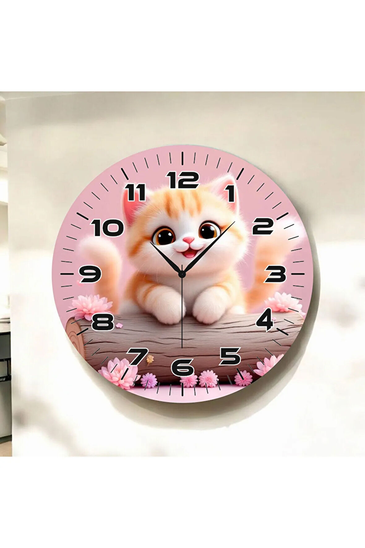 Kedi Renkli Baskı Çocuk Odası Desenli Sayılı Hediyelik Ahşap Sessiz Duvar Saati 50cm