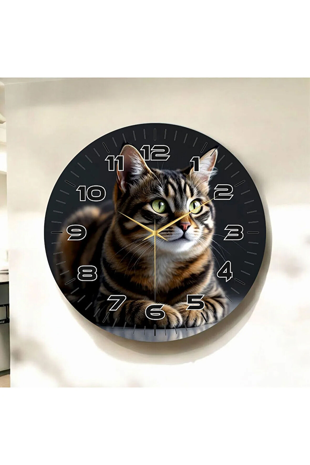 Renkli Baskı Kedi Desenli Sayılı Hediyelik Ahşap Sessiz Duvar Saati 50cm