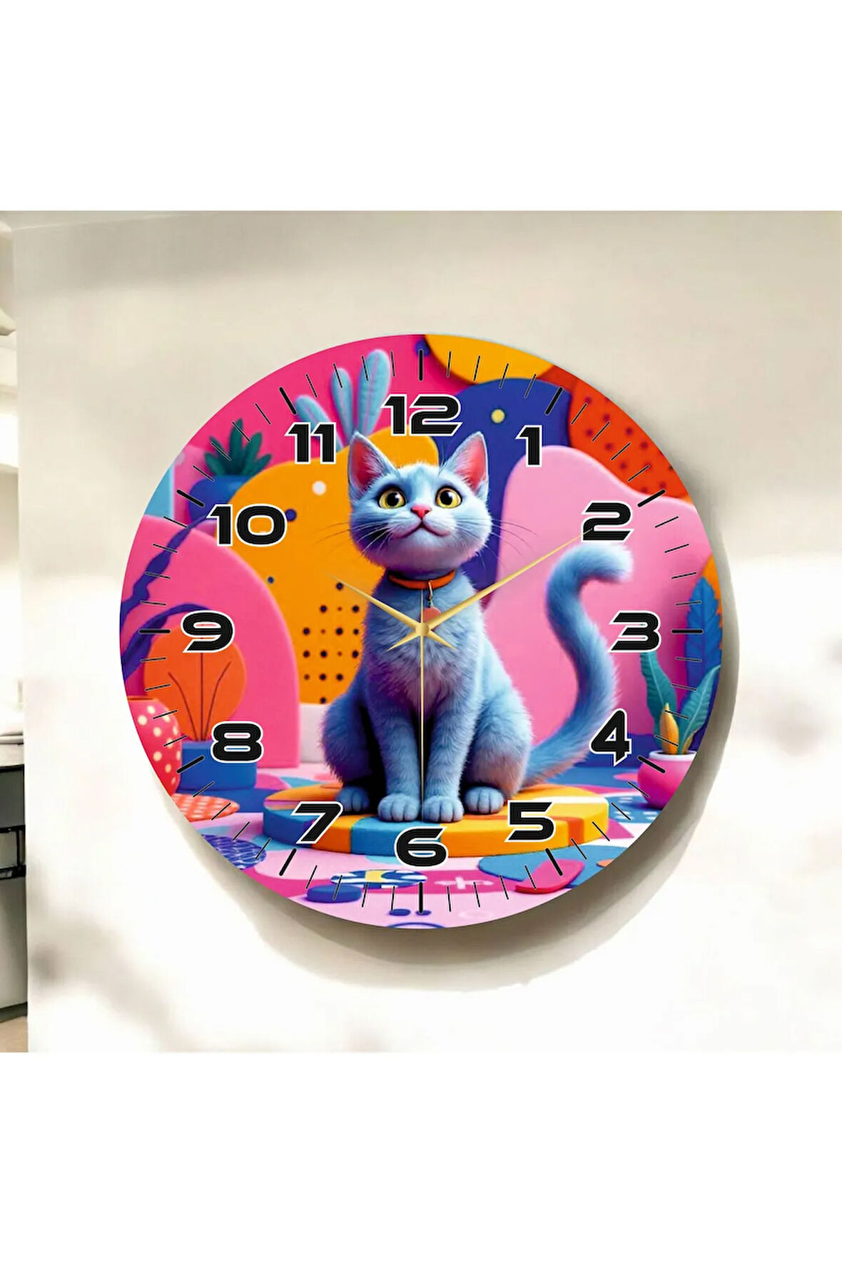 Çizgi Kedi Tasarımlı Renkli Baskı Desenli Sayılı Hediyelik Ahşap Sessiz Duvar Saati 50cm