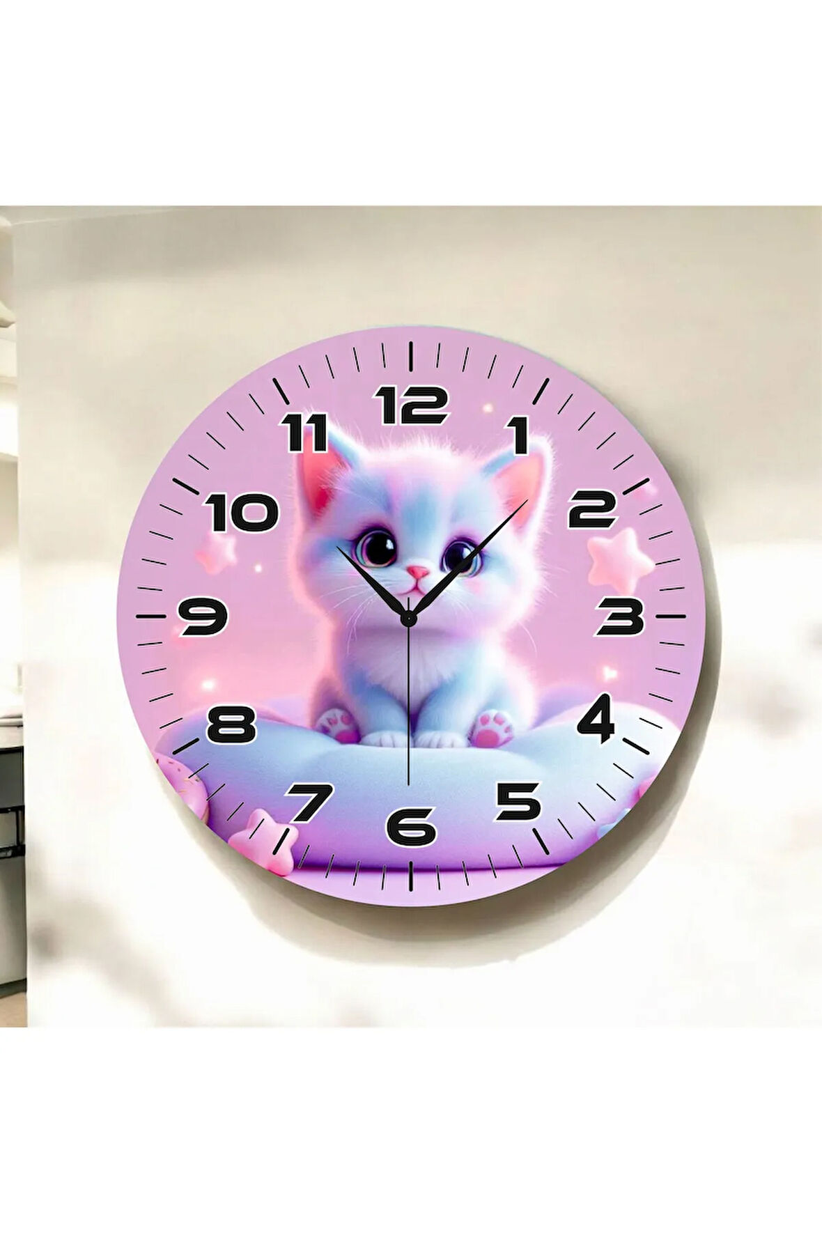 Yavru Kedi Pembe Renkli Baskı Desenli Sayılı Hediyelik Ahşap Sessiz Duvar Saati 50cm