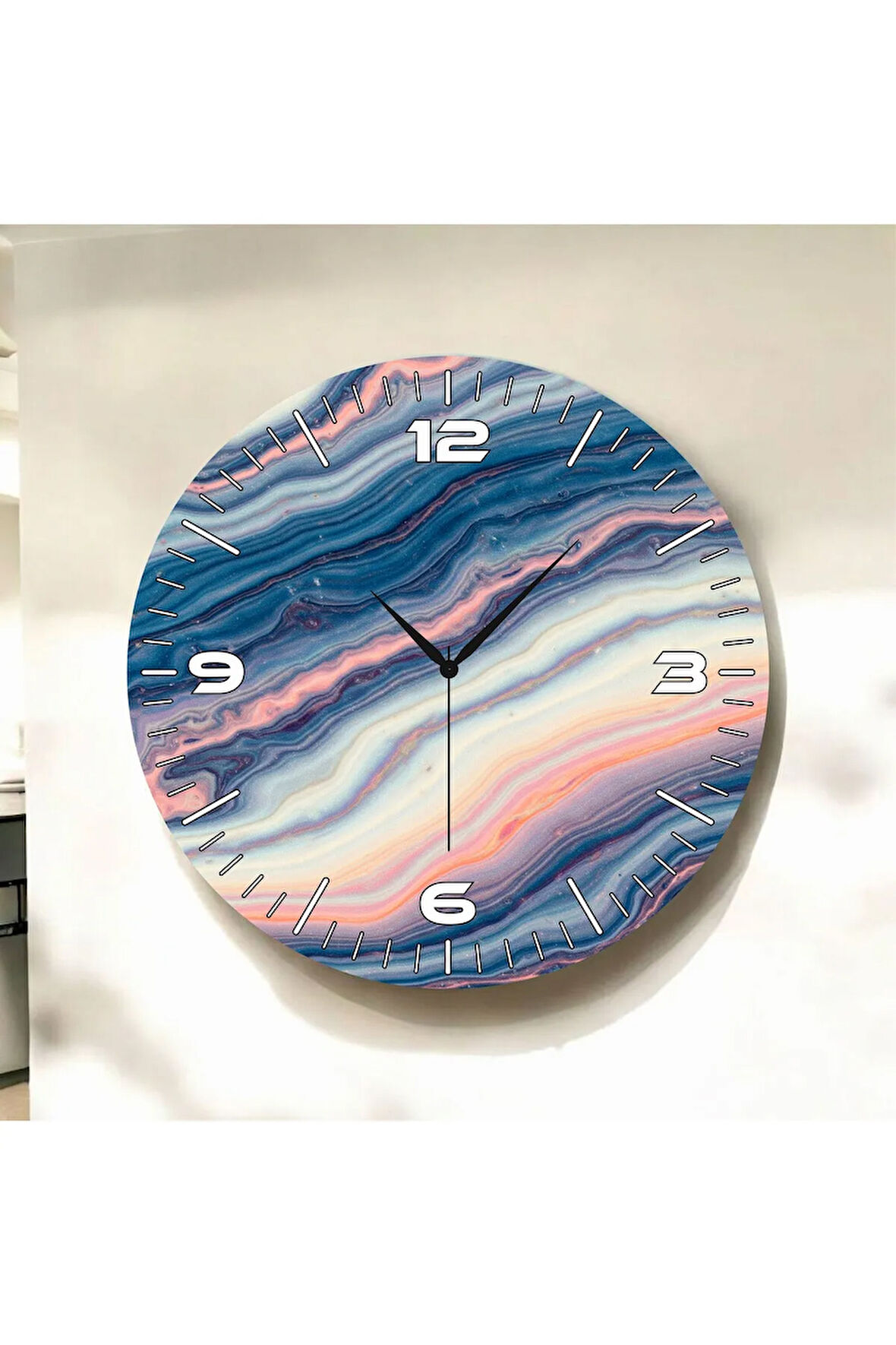 Modern Renkli Baskı Ebru Desenli Sayılı Hediyelik Ahşap Sessiz Duvar Saati 50cm