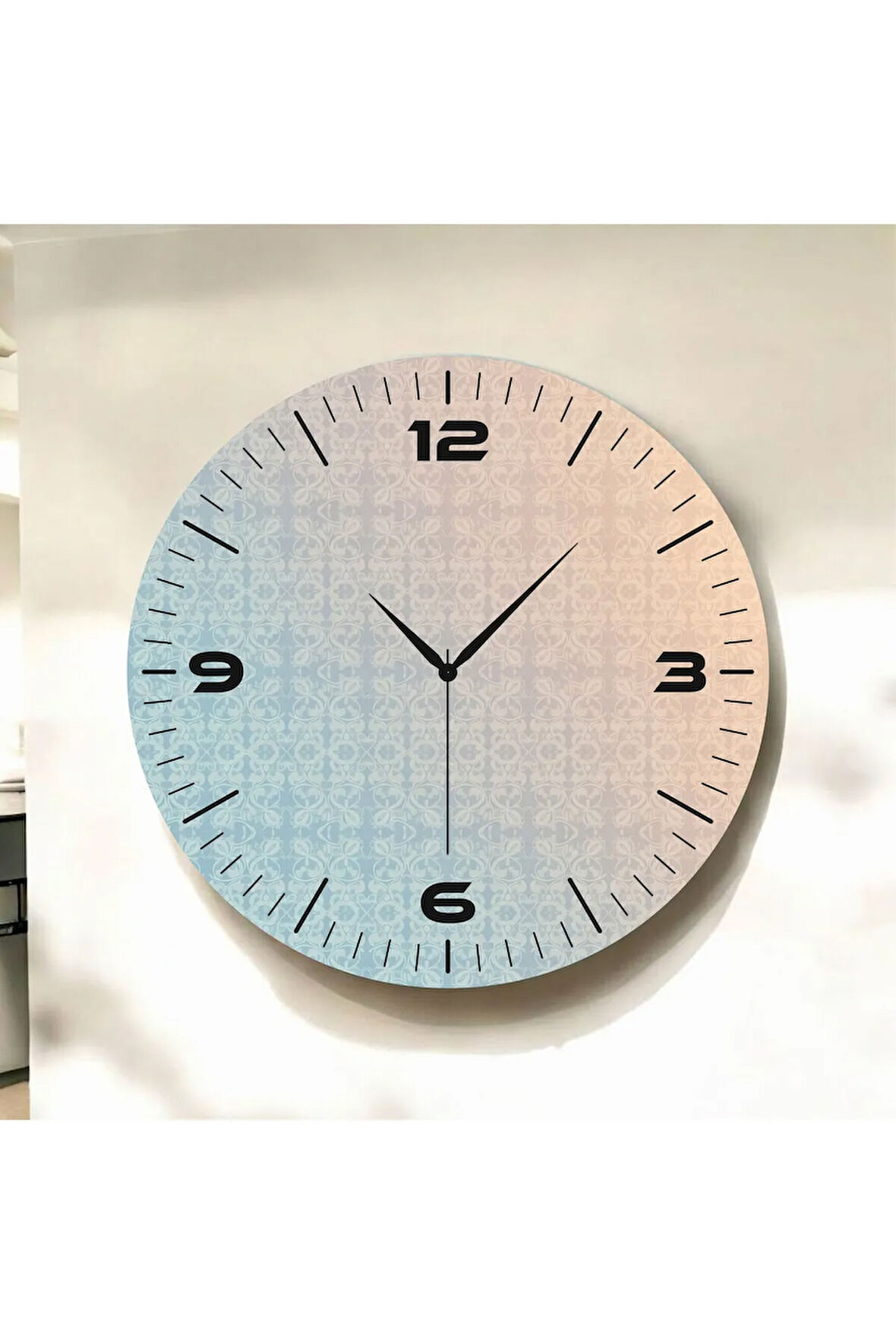 Sade Mavi Sarı Renkli Baskı Desenli Sayılı Hediyelik Ahşap Sessiz Duvar Saati 50cm
