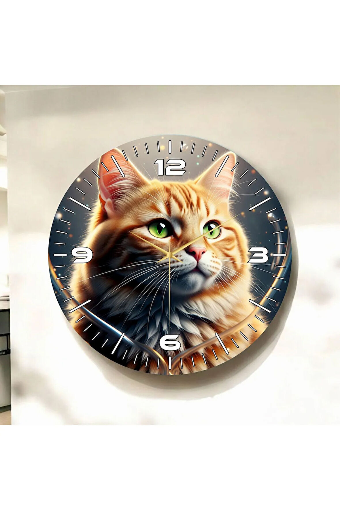 Renkli Baskı Kedi Hayvan Desenli Sayılı Hediyelik Ahşap Sessiz Duvar Saati 50cm