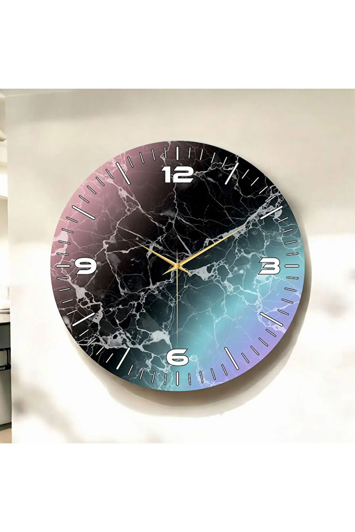 Renkli Baskı Mermer Desenli Sayılı Hediyelik Ahşap Sessiz Duvar Saati 50cm