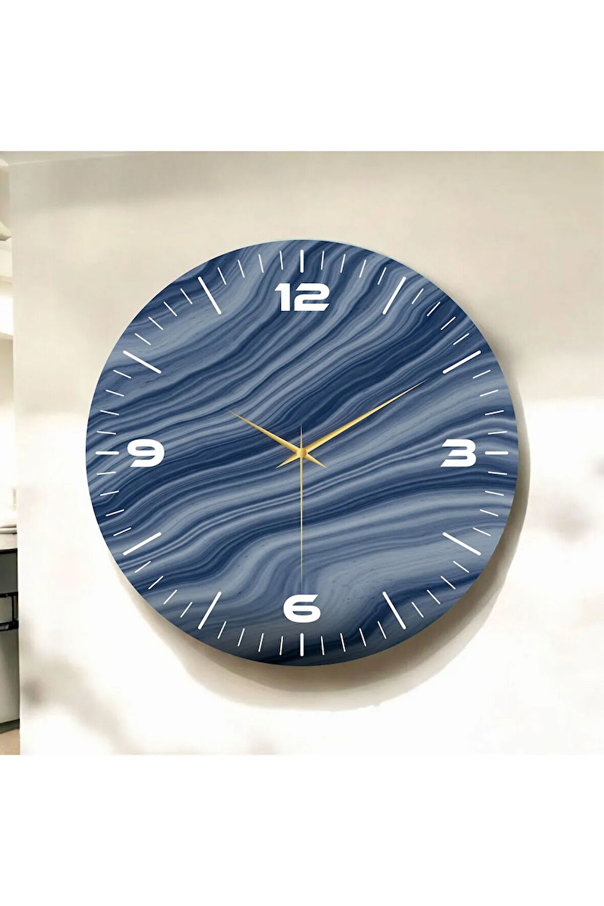 Mavi Renkli Baskı Ebru Desenli Sayılı Hediyelik Ahşap Sessiz Duvar Saati 50cm