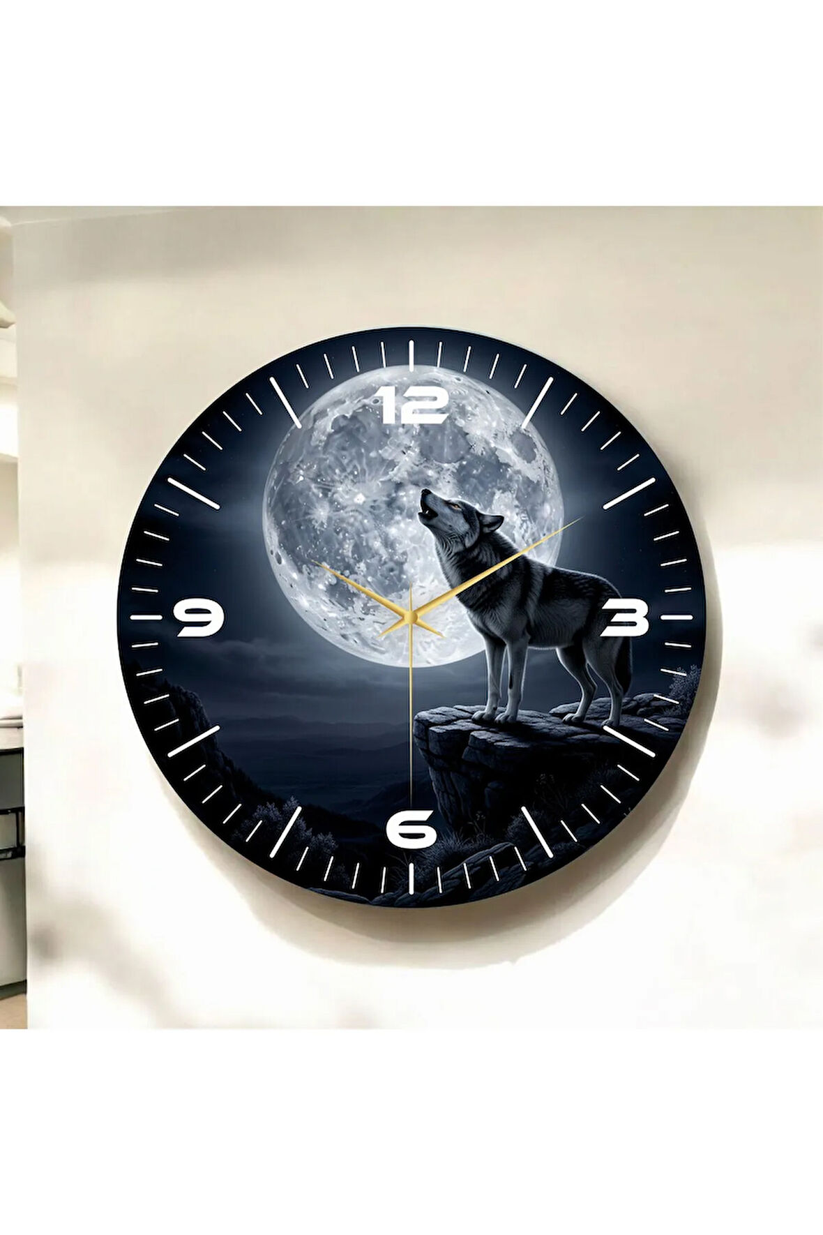 Renkli Baskı Bozkurt ve Ay Desenli Sayılı Hediyelik Ahşap Sessiz Duvar Saati 50cm
