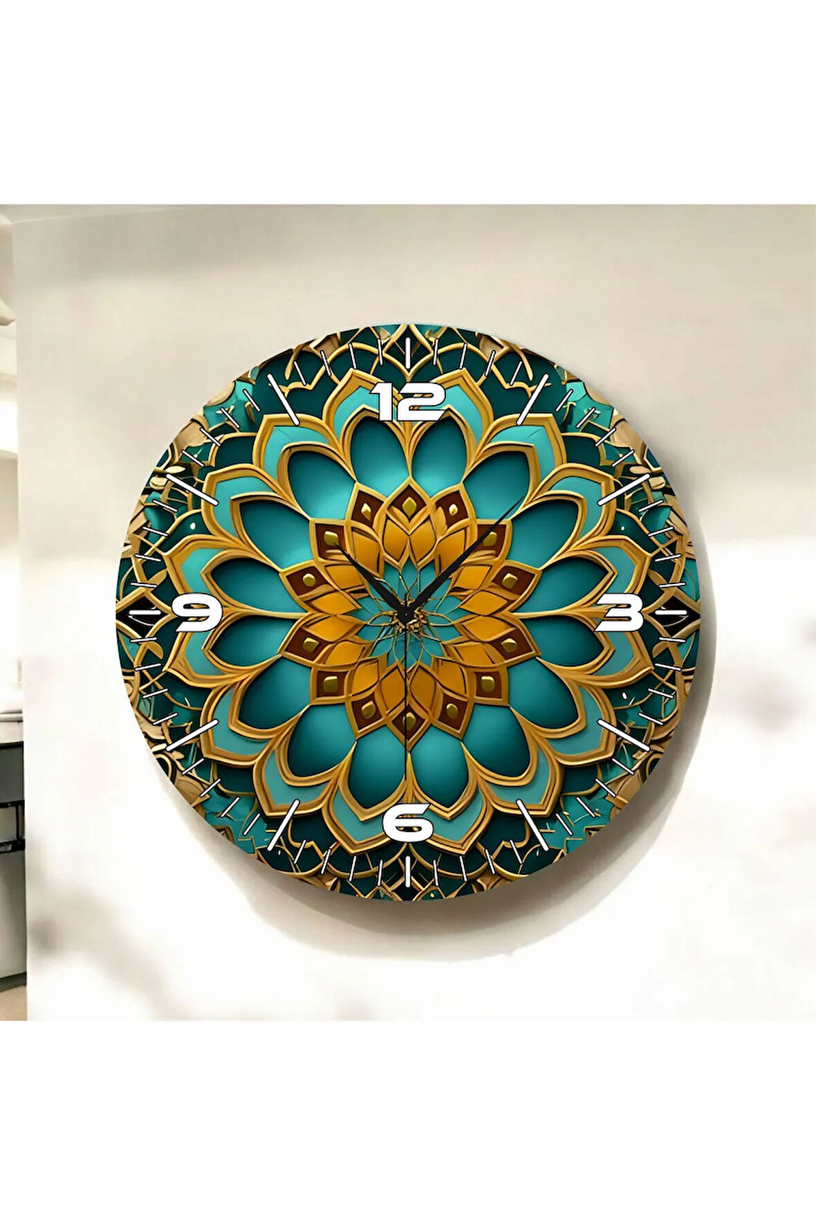 Zarif Renkli Baskı Mandala Desenli Sayılı Hediyelik Ahşap Sessiz Duvar Saati 50cm