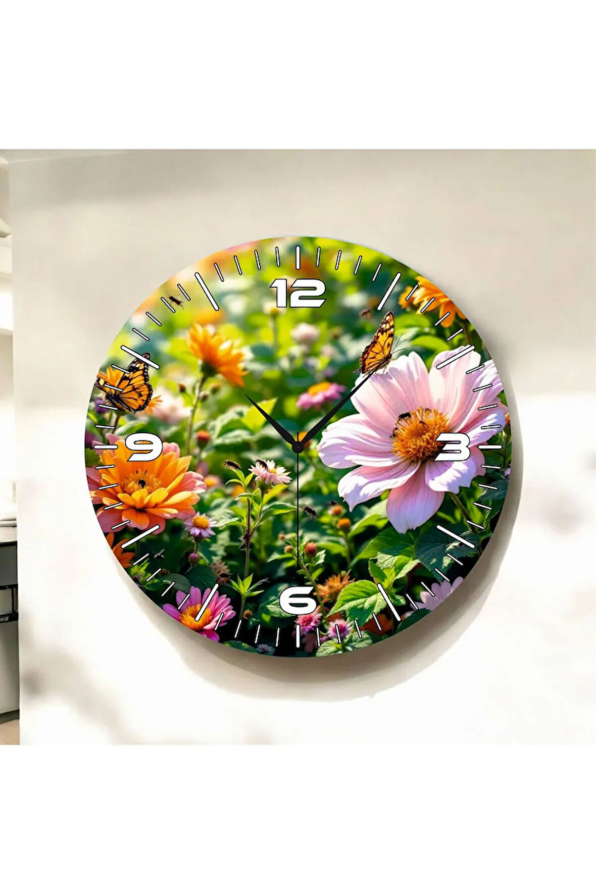 Renkli Baskı Şakayık Çiçek Desenli Sayılı Hediyelik Ahşap Sessiz Duvar Saati 50cm