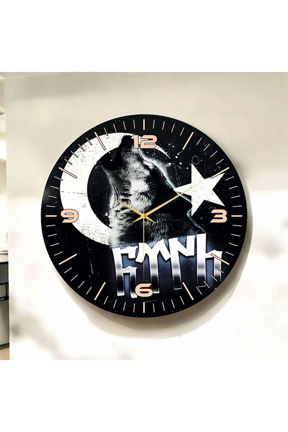 Renkli Baskı Bozkurt Türk Bayrağı Desenli Sayılı Hediyelik Ahşap Sessiz Duvar Saati 50cm