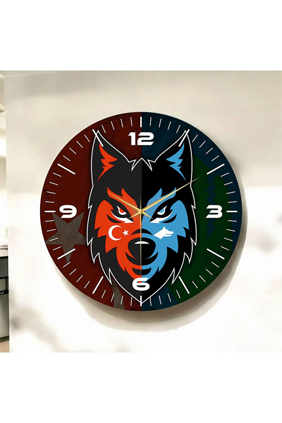 Kırmızı Mavi Renkli Baskı Bozkurt Türk Bayrak Desenli Sayılı Hediyelik Ahşap Sessiz Duvar Saati 50cm