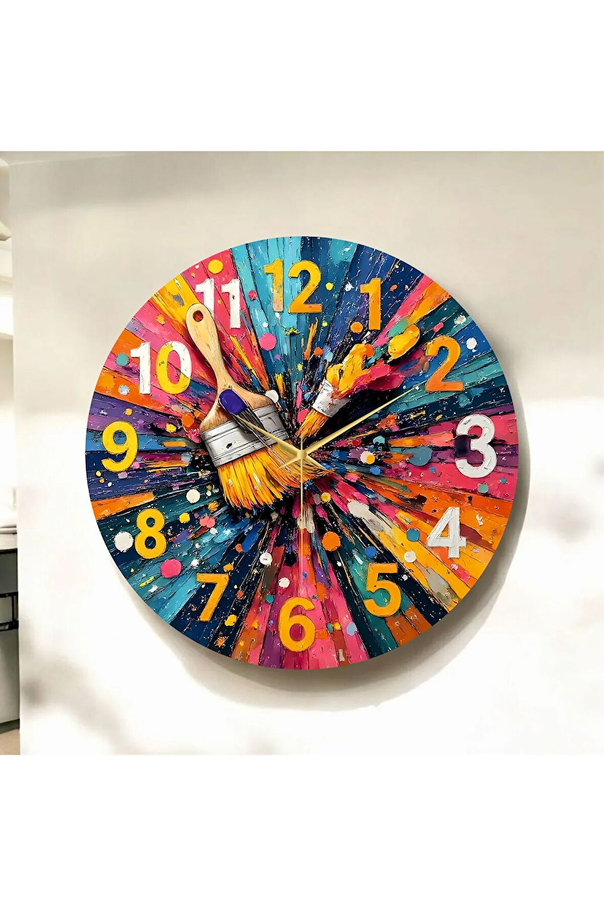 Renkli Baskı Desenli Sayılı Hediyelik Ahşap Sessiz Duvar Saati 50cm