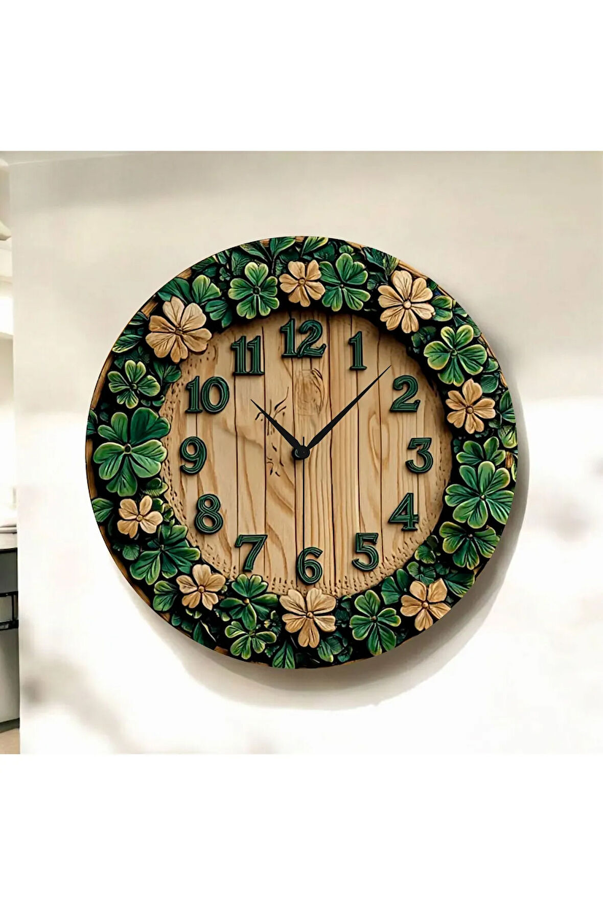 Renkli Baskı Çiçek Desenli Sayılı Hediyelik Ahşap Sessiz Duvar Saati 50cm