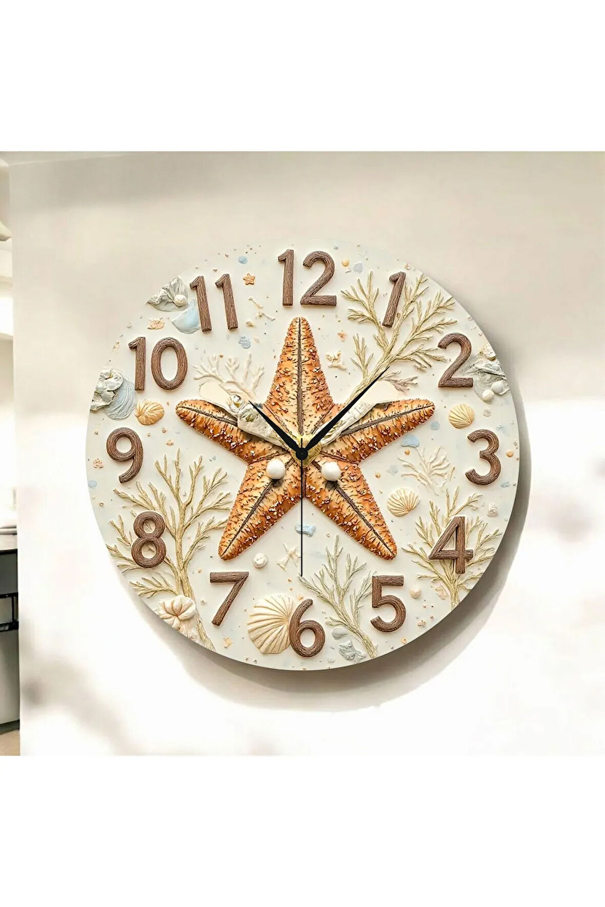 Renkli Baskı Deniz Yıldızı Desenli Sayılı Hediyelik Ahşap Sessiz Duvar Saati 50cm
