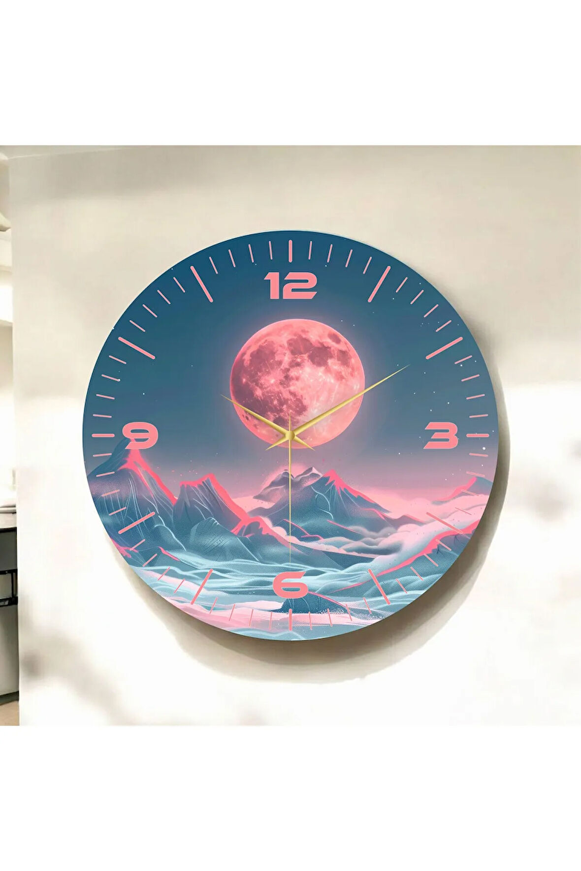 Renkli Baskı Ay Dağ Doğa Desenli Sayılı Hediyelik Ahşap Sessiz Duvar Saati 50cm