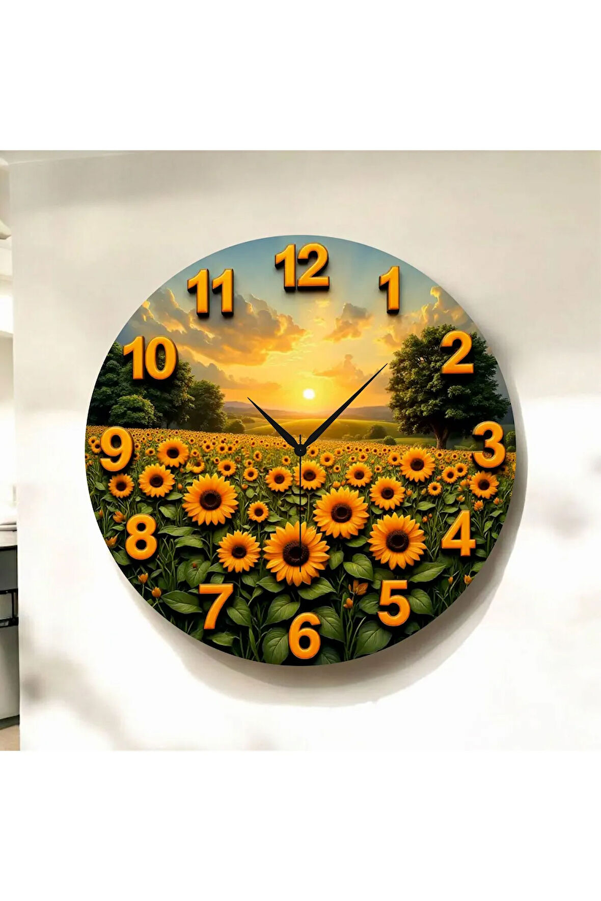 Renkli Baskı Ayçiçek Desenli Sayılı Hediyelik Ahşap Sessiz Duvar Saati 50cm