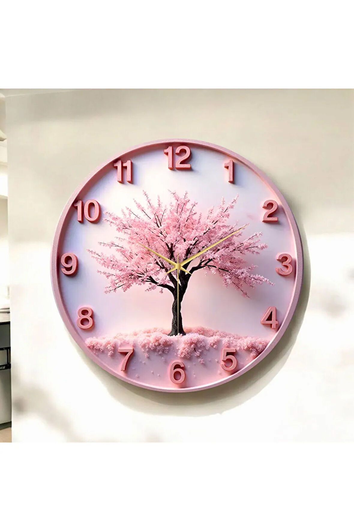 Pembe Renkli Baskı Ağaç Doğa Desenli Sayılı Hediyelik Ahşap Sessiz Duvar Saati 50cm