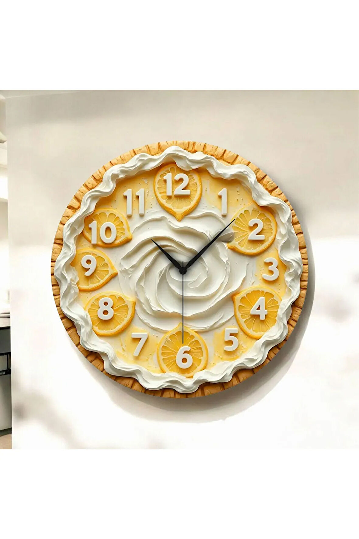 Renkli Baskı Pasta Limon Desenli Sayılı Hediyelik Ahşap Sessiz Duvar Saati 50cm