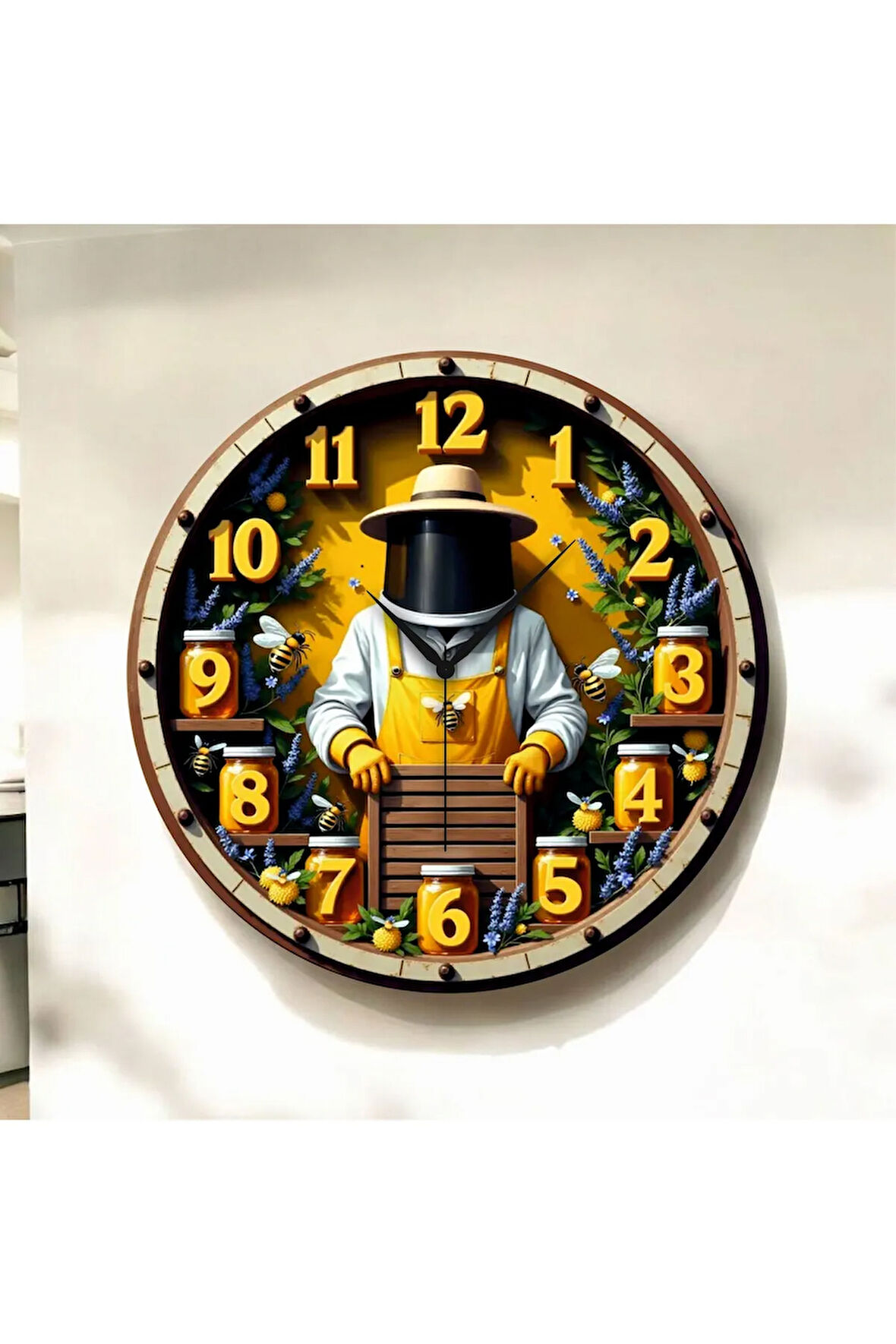 Renkli Baskı Arıcı Bal Desenli Sayılı Hediyelik Ahşap Sessiz Duvar Saati 50cm