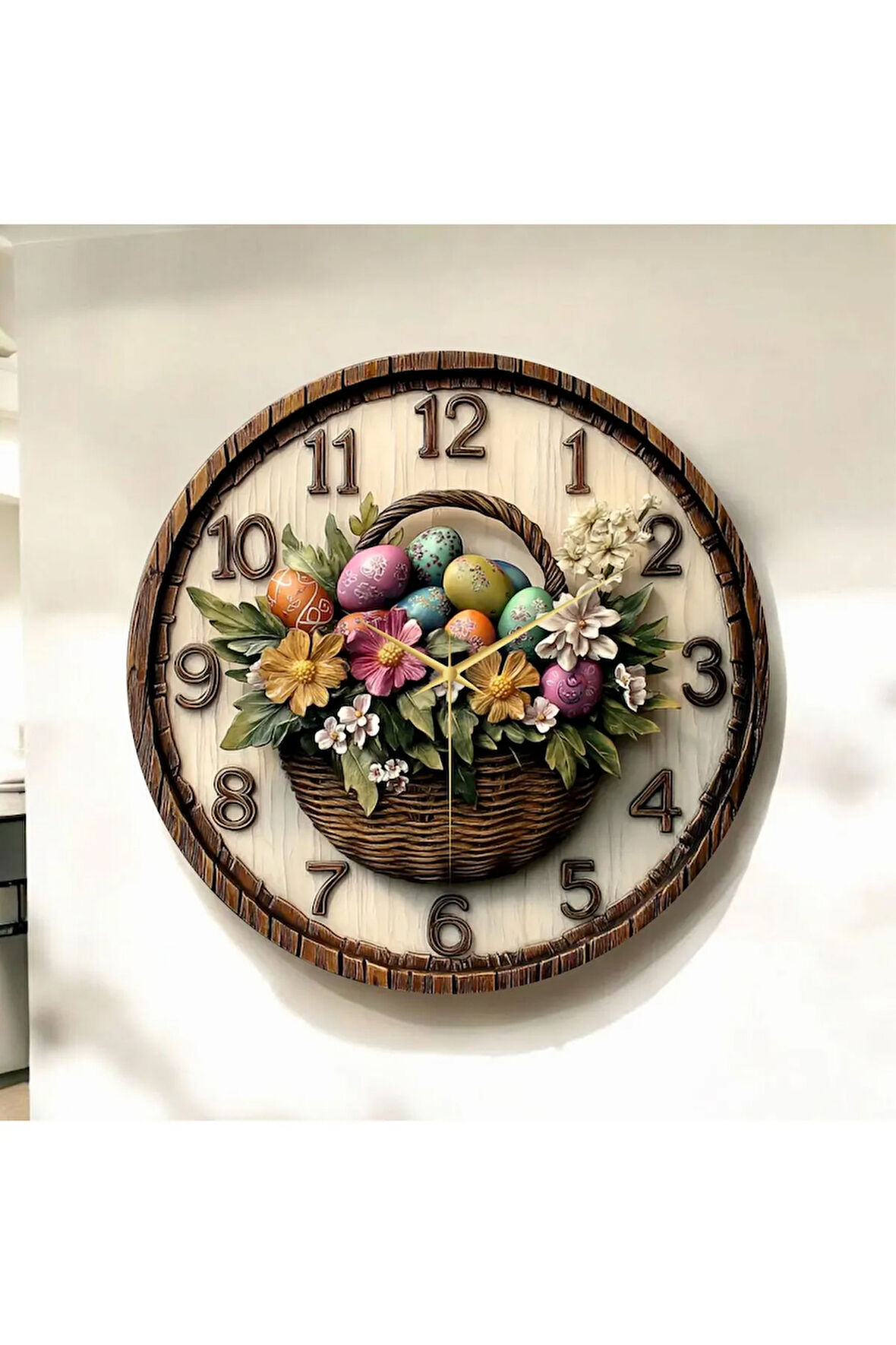 Renkli Baskı Çiçek Yumurta Desenli Sayılı Hediyelik Ahşap Sessiz Duvar Saati 50cm
